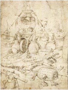 Paysage infernal par Bosch, Hieronymus (c. 1450-1516). Plume, encre indienne brune sur papier, c. 1500, Collection privée - Hieronymus Bosch