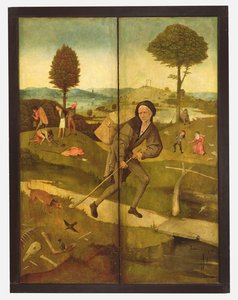 La Charrette de foin, avec panneaux fermés montrant Everyman marchant sur le chemin de la vie