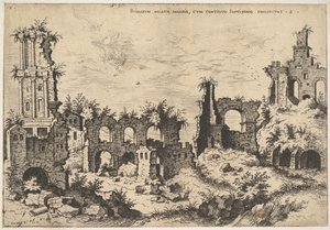 Vue des ruines sur la colline du Palatin avec façade à architrave à gauche et arcades au centre - Hieronymus Cock