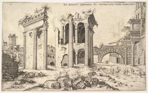 Vue de ruines non identifiées avec une façade à architrave à gauche, des arcades au centre et une arche à droite
