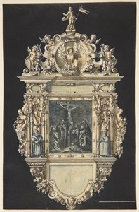 Esquisse pour un épitaphe avec la crucifixion du Christ. Un cadre richement orné avec de nombreuses figures - Hieronymus Wierix