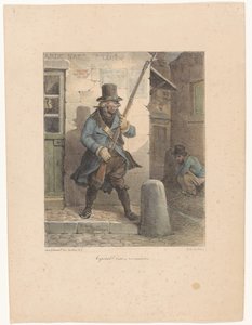 Militaire appelant un caporal, qui fait ses besoins dans la rue (Croquis lithographiques)