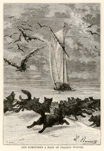 Et parfois une meute de loups des prairies, de Le Tour du Monde en Quatre-vingts Jours par Jules Verne (1828-1905) gravé par Louis, 1873 - Hippolyte Leon after Benett