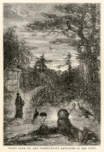 La nuit tomba, et Passepartout retourna en ville, de Le Tour du Monde en Quatre-vingts Jours par Jules Verne (1828-1905), gravé par Louis Prevost, 1873 - Hippolyte Leon after Benett