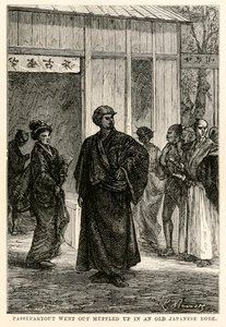 Passepartout sortit emmitouflé dans une vieille robe japonaise, de Le Tour du Monde en Quatre-vingts Jours par Jules Verne (1828-1905), gravé par Louis Prevost, 1873
