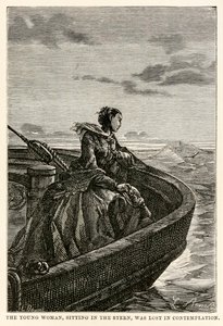 La jeune femme, assise à la poupe, était perdue dans la contemplation, de Le Tour du Monde en Quatre-vingts Jours par Jules Verne (1828-1905), gravé par Jean Louis Prevost, (1790-1850), 1873
