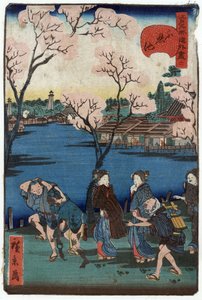 Étang de Shinobazu, Tokyo, Japon : groupe de personnes marchant le long de la rive de l