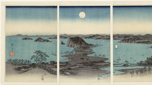 Panorama du soir sur les huit vues de Kanazawa dans la province de Musashi (Neige, lune et fleurs) - Hiroshige (I) , Utagawa