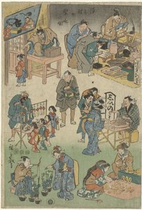 Marché du soir avec théâtre de rue dans la rue Joruri (Image de la prospérité dans la rue Joruri) - Hiroshige (I) , Utagawa