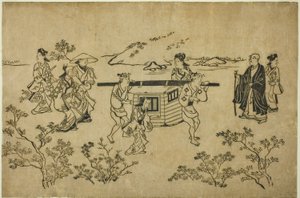 Un palanquin passant, de la série "Scènes de contemplation des fleurs à Ueno" - Hishikawa Moronobu