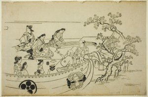 Fête des fleurs avec rideau portant un blason, de la série "Fête des fleurs à Ueno (Ueno hanami no tei)" - Hishikawa Moronobu