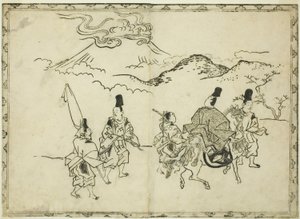 Le voyage oriental de Narihira, extrait du livre illustré "Panorama des peintures sur écrans et rouleaux suspendus (Byobu kakemono ekagami)". - Hishikawa Moronobu