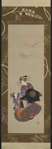 Beauté du Yoshiwara avec apprenti au clair de lune, XIXe siècle - Hokuba