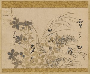 Fleurs, herbes et un poème, période Edo, 1615-1637 - Hon