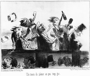 Un train amusant un peu trop joyeux: tiré de Les trains de Plaisir, série de caricatures sur les chemins de fer par Honoré Daumier. Charivari