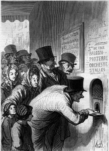 Une fenêtre de théâtre. Dessin humoristique par Honoré Daumier (1808-1879). Gravure dans « Le Monde Illustré » n°269 du 7 juin 1862.