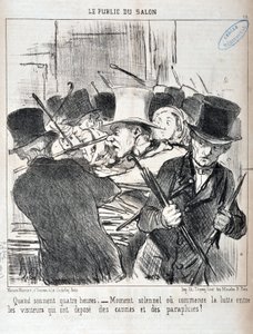 Œuvre de Honoré Daumier (1808-1879). Charivari date de 1852 : Série LE PUBLIC DU SALON - « Quand sonnent quatre heures.- moment solennel où commence la lutte entre les visiteurs qui ont déposé cannes et parapluies » MUSÉE DES BEAUX-ARTS - PALAIS LONGCHAMP - Honoré Daumier