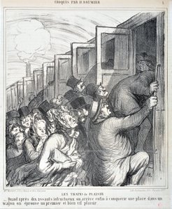 Œuvre de Honoré Daumier (1808-1879). Charivari daté de 1864 : Série Sketch Les trains de plaisir « - Quand après dix assauts infructueux, nous parvenons enfin à conquérir une place dans un wagon, nous éprouvons un premier et très vif plaisir ». MUSEE DES B - Honoré Daumier