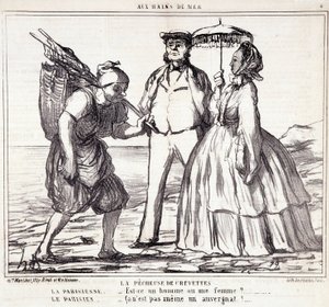 Caricature sur les touristes parisiens en vacances. Série « Ax Bains de Mer » : « La pêche aux crevettes... » Gravure par Honoré Daumier (1808-1879). Extrait du journal « Le Charivari » du 5 septembre - Honoré Daumier