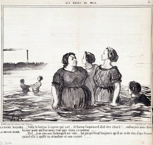 Caricature sur les apparences et la mode. Série « Les Bains de Mer » : « La dame maigre (...), la dame grosse (...) ». Gravure par Honoré Daumier (1808-1879). Extrait du journal « Le Charivari » du 16 septembre. - Honoré Daumier