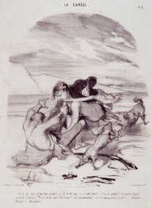 Caricature sur les chasseurs. Série « Les beaux jours de la vie - La chasse » : « Je vous dis que je l