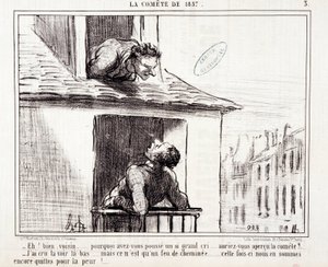 Caricature sur la science. Série sur « la Comète de 1857 » : « Eh bien voisin... pourquoi avez-vous poussé un si grand cri... » Gravure par Honoré Daumier (1808-1879). Extrait du journal « Le Charivari » du 11 mars - Honoré Daumier
