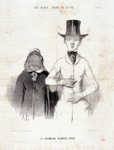 Caricature sur le couple. Série « Les Beaux Jours de la Vie » : « Le premier rendez-vous ». Gravure par Honoré Daumier (1808-1879). Extrait du journal « Le Charivari » du 2-3 janvier. - Honoré Daumier