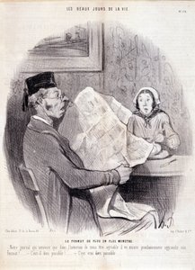 Caricature sur la presse. Série « Les beaux jours de la vie » : « Le format de plus en plus monstrueux... ». Gravure par Honoré Daumier (1808-1879). Extrait du journal « Le Charivari » du 18 octobre - Honoré Daumier