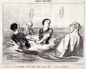 Caricature sur les touristes en vacances à la mer. Série Les Bains de Mer : Croquis aquatique. Voyons, ce n