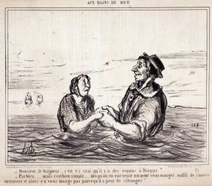 Caricature sur les touristes en vacances. Série aux Bains de Mer : Monsieur le baigneur... est-il vrai qu