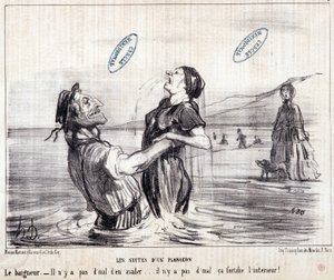 Caricature sur les touristes en vacances. Série « Les Bains de Mer » : « Croquis aquatique. Les séquences d