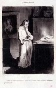 Caricature sur les femmes écrivains. Série « Les Bas Bleus » : « Femme de lettre humanitaire se livrant à des réflexions philosophiques créanées ! ». Gravure par Honoré Daumier (1808-1879). Extrait du journal « Le Charivari » du 10 mars. - Honoré Daumier