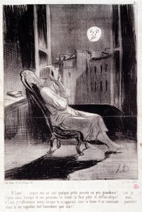 Caricature sur les femmes écrivains. Série « Bas Bleus » : « Ô ! Lune, inspire-moi ce soir... ». Gravure par Honoré Daumier (1808-1879). Extrait du journal « Le Charivari » du 28 février. - Honoré Daumier
