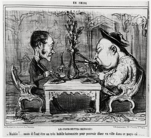 Fourchettes chinoises : « Diable ! mais il faut être un très habile bâtonniste pour pouvoir dîner en ville dans ce pays. », dans la série En Chine, illustration par Honoré Daumier (1808-1879), publié dans « Charivari » - Honoré Daumier