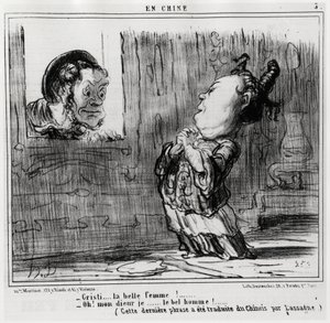 Christi, la belle femme ! ; « Oh ! Dieu, moi... Le bel homme ! » (Cette dernière phrase a été traduite du chinois par Lassagne.), dans la série En Chine, illustration par Honoré Daumier (1808-1879), publiée dans « Charivari » - Honoré Daumier