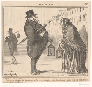 Monsieur Prudhomme et une vieille femme avec une lanterne et un parapluie