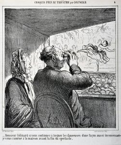 M. Colimard, si vous continuez à regarder les danseuses de manière aussi inappropriée, je vous ramènerai à la maison avant la fin du spectacle. Gravure par Honoré Daumier (1808-1879) dans Le Charivari. Taille de la feuille : 24,6x36cm. Palais Longchamp, Mu - Honoré Daumier