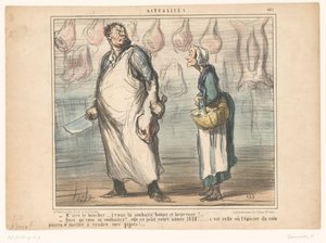 Vieille femme parlant à un boucher
M