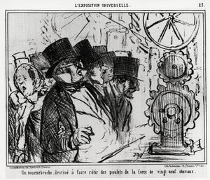 Exposition universelle : une table tournante, conçue pour rôtir des poulets avec la force de vingt-neuf chevaux. Illustration par Honoré Daumier (1808-1879), publiée dans les nouvelles, « Charivari », datée du 20 juillet 1855 - Honoré Daumier