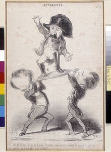 Victor Hugo et Émile de Girardin soutenant la candidature de Napoléon Bonaparte. Caricature par Honoré Daumier (1808-1879) parue dans "Le Charivari". Maison littéraire de Victor Hugo, Bièvres (Dim en cm 30,3x20) - Honoré Daumier