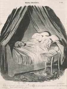 Voilà le moment (passé minuit) où le calme et la paix règnent véritablement dans les heureux ménages. Vaut mieux tard que jamais. - Honoré Daumier