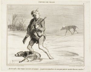 "- Je me demande pourquoi cette bête me suit tout le temps... Je paierai volontiers 6 sous pour sauter dans un bus", planche 1 de Émotions De Chasse - Honoré Victorin Daumier