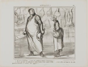 "- Monsieur le boucher, je vous souhaite une bonne et heureuse année... - Quoi  Elle va être belle, cette année 1858... tous les épiciers du coin vont pouvoir vendre mon mouton !...", planche 481 d