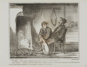 "- Et maintenant  Allons-nous continuer à chasser sous la pluie  - Non, pas du tout ! Les animaux ont autant peur de la pluie que nous. Ils risquent de ne pas pouvoir trouver cet abri, et nous finirions par en perdre trop !", planche 5 du Croquis De Chasse - Honoré Victorin Daumier