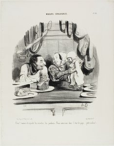 "Regardez comme ses yeux se posent sur les cervelas et le jambon.... on dirait que nous aimons le travail de Papa ..... mon petit cochon !", planche 51 de Moeurs Conjugales.