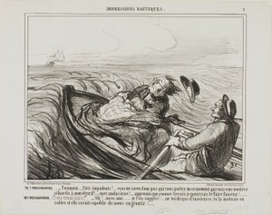 M. Prudhomme : "- Odieuses vagues.... ne savez-vous pas qui vous portez en ce moment ... oh audacieux... sachez que je vais, comme Xerxès, vous fouetter terriblement". Mme Prudhomme : (frissonnant de peur) "- Je vous en prie, mon cher ami, n
