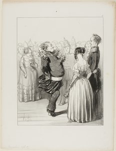 Rifolard ouvre le ballon et exécute un audacieux pas de danse en avant, qui reçoit de nombreux éloges, plaque 5 des Banqueteurs - Honoré Victorin Daumier