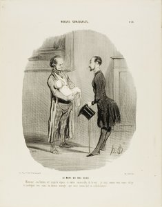 Le mari de la Bluestocking. "Monsieur, ma femme est inspirée depuis ce matin : impossible de la voir. Comme vous le voyez, je dois consacrer toute mon attention au fruit de notre dernière collaboration", planche 46 de Mœurs Conjugales. - Honoré Victorin Daumier