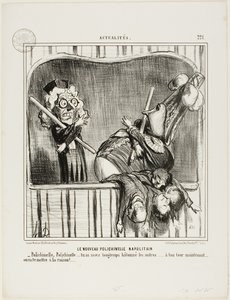 Le nouveau bouffon napolitain. "Polichinelle, Polichinelle, tu as assez matraqué les autres... à toi de jouer. Nous allons vous ramener à la raison...", planche 221 d
