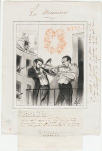 Ton, ton, ton, ton, ton, t..... "- Taisez-vous, ma femme a mal à la tête ! - Pourquoi ne lis-tu pas un drame en cinq actes avec un orchestre semblable ! - Arrêtez... mon petit a la colique !" Ton, ton, ton, ton, taine..., planche 2 de Les Musiciens De Pari - Honoré Victorin Daumier